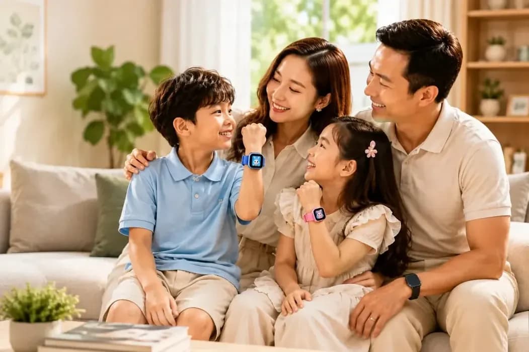 Hình ảnh gia đình hạnh phúc 4 người vui vẻ trong phòng khách, hai con đeo đồng hồ định vị ielov